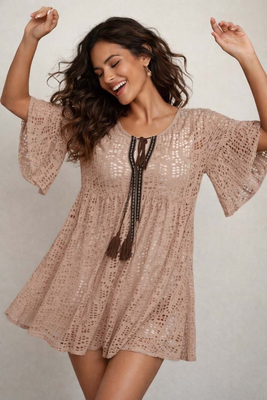 Easel Boho Crochet Bell Sleeve Tunic Dress with Tassel Detail